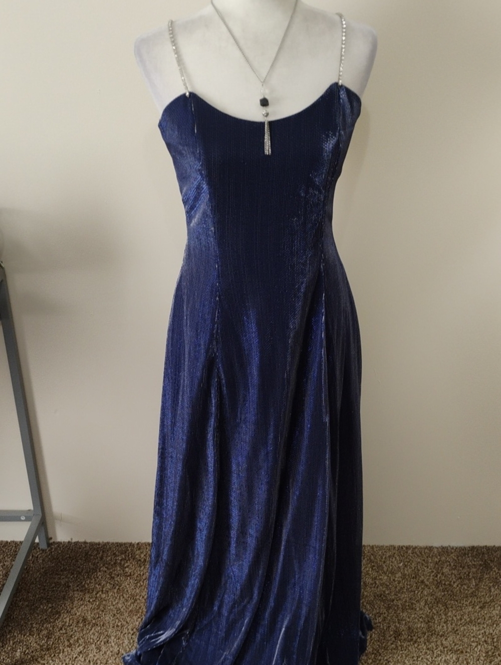 Scott McClintock Shimmery Navy Blue Maxi Dress with Rhinestone Straps